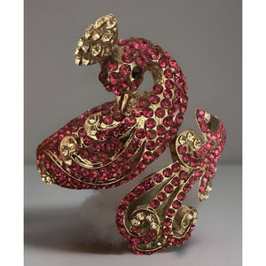 Vintage Hot Pink Crystal Peacock Bracelet Hinged Clamper Cuff SilverTone 8”